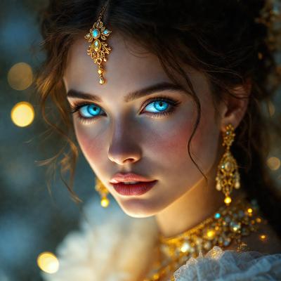 The primary subject of the image is a woman with blue eyes, wearing a gold necklace and earrings. She is posing for the camera, and her eyes are open wide. The setting is a room with a backdrop of lights, creating a warm and inviting atmosphere. The visual style is a close-up of the woman, emphasizing her features and the gold jewelry she is wearing. The colors and mood of the image are predominantly warm and vibrant, with the blue eyes of